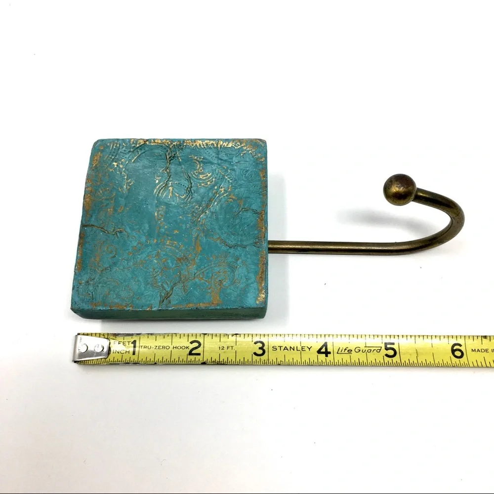 Pair of Victorian Inspired Square Turquoise Gold Paisley and Skeleton Key Hooks